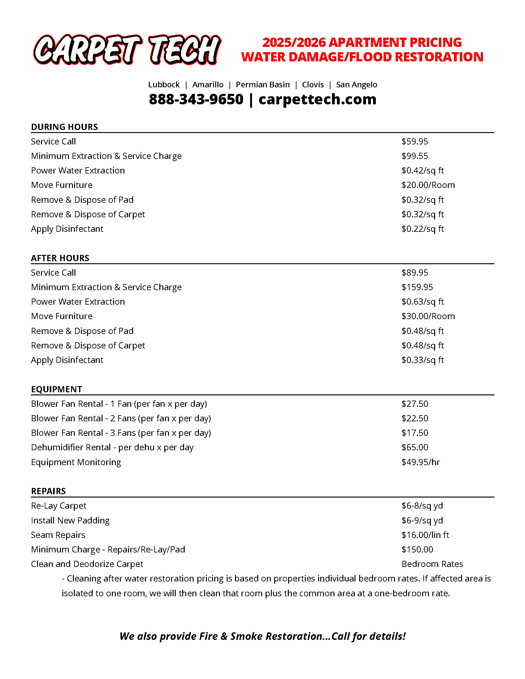 Apartment Flood Price List - All Others