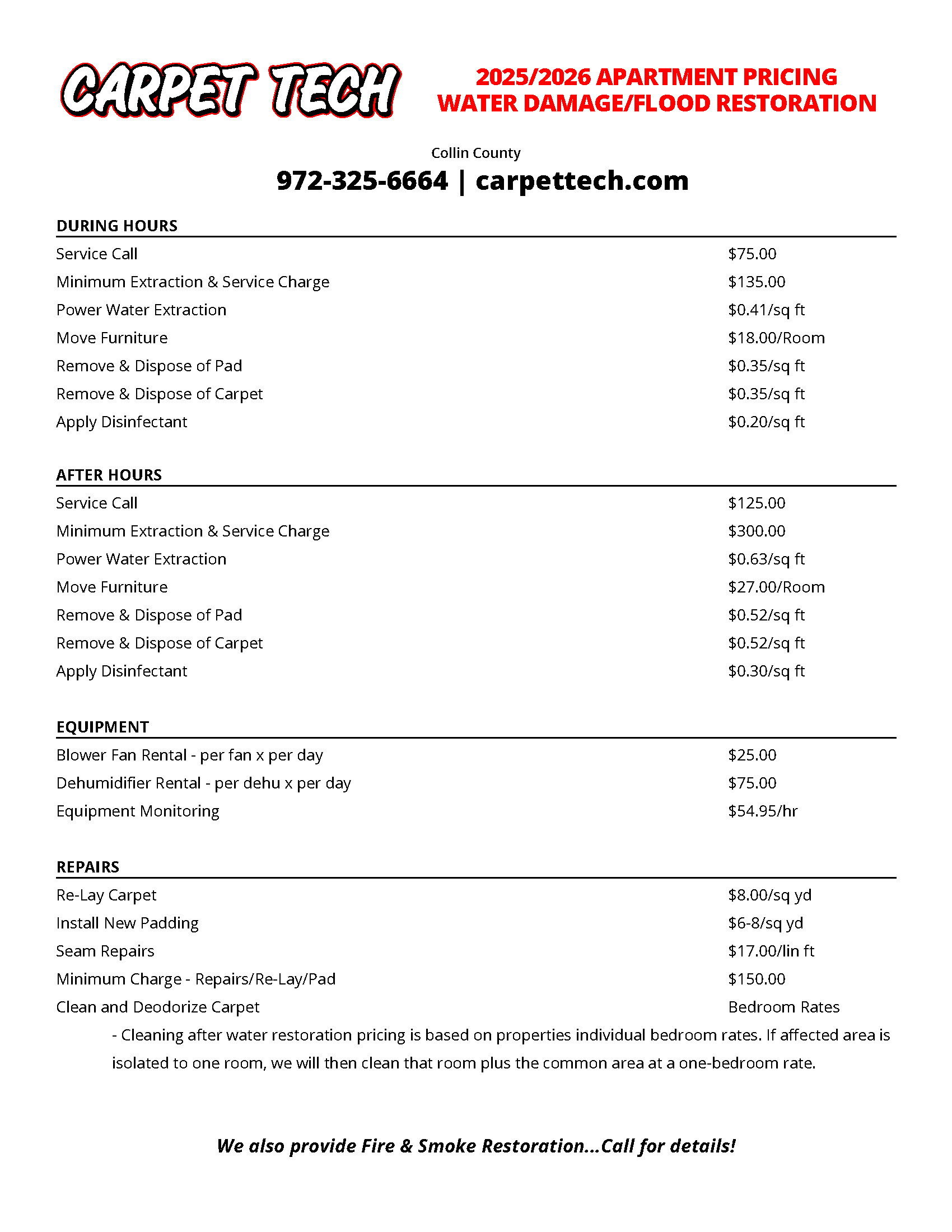 Apartment Flood Price List Collin County